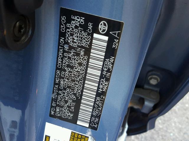 JTDKB20U753050806 - 2005 TOYOTA PRIUS BLUE photo 10