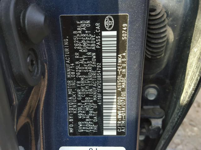 4T1BF1FK7EU854792 - 2014 TOYOTA CAMRY L BLUE photo 10