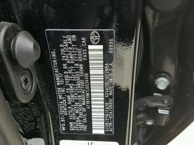 4T1B11HK1JU534406 - 2018 TOYOTA CAMRY L BLACK photo 10