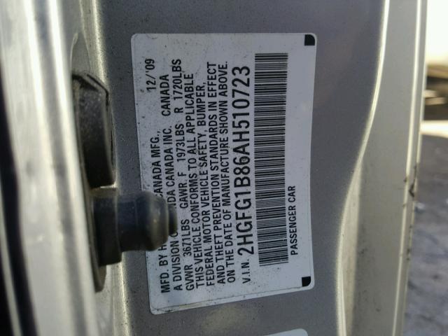 2HGFG1B86AH510723 - 2010 HONDA CIVIC EX SILVER photo 10