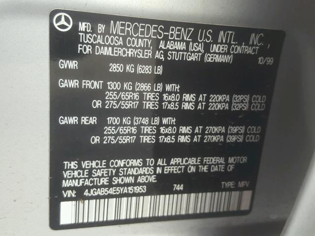 4JGAB54E5YA151953 - 2000 MERCEDES-BENZ ML 320 SILVER photo 10