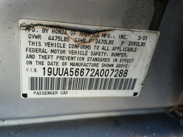 19UUA56672A007288 - 2002 ACURA 3.2TL GRAY photo 10