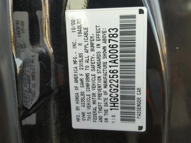 1HGCG22561A006783 - 2001 HONDA ACCORD EX BLACK photo 10