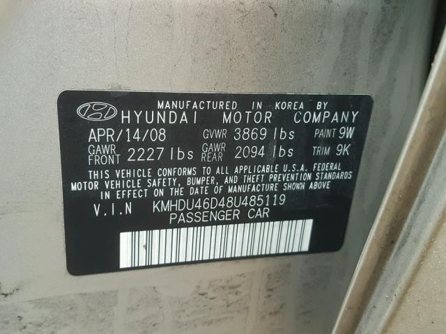 KMHDU46D48U485119 - 2008 HYUNDAI ELANTRA GL GOLD photo 10