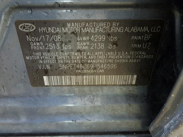 5NPET46C69H546596 - 2009 HYUNDAI SONATA GLS GRAY photo 10