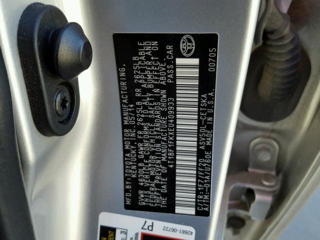 4T1BF1FKXEU409933 - 2014 TOYOTA CAMRY L SILVER photo 10