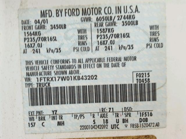 1FTRX17W01KB43202 - 2001 FORD F150 WHITE photo 10