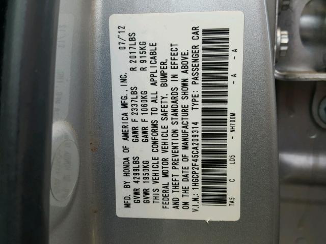 1HGCP2F45CA209314 - 2012 HONDA ACCORD LXP SILVER photo 10