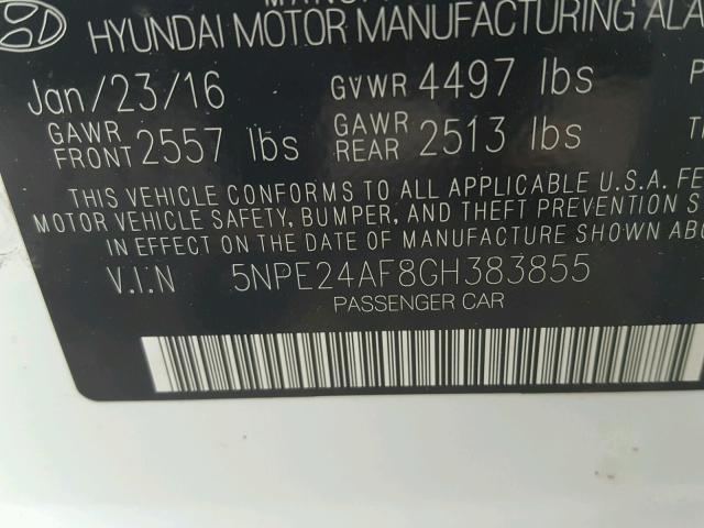 5NPE24AF8GH383855 - 2016 HYUNDAI SONATA SE WHITE photo 10