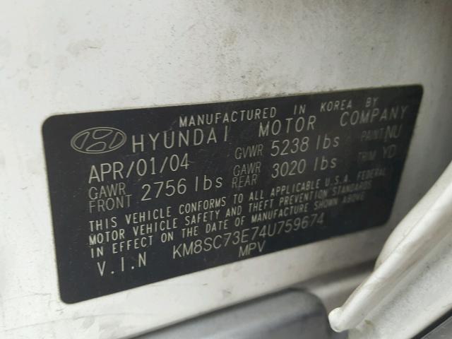 KM8SC73E74U759674 - 2004 HYUNDAI SANTA FE G WHITE photo 10