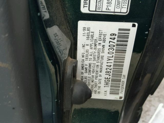 1HGEJ8241YL030749 - 2000 HONDA CIVIC EX 绿色 照片 10