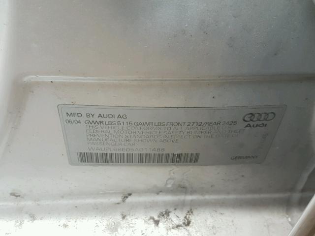 WAUPL68E05A011488 - 2005 AUDI S4 SILVER photo 10