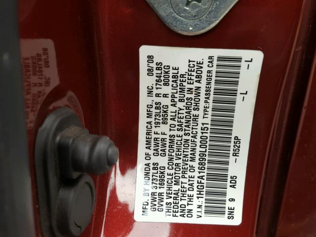 1HGFA16899L000151 - 2009 HONDA CIVIC EX ბურგუნდია ფოტო 10