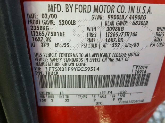 1FTSX31F9YEC59514 - 2000 FORD F350 SRW S RED photo 10