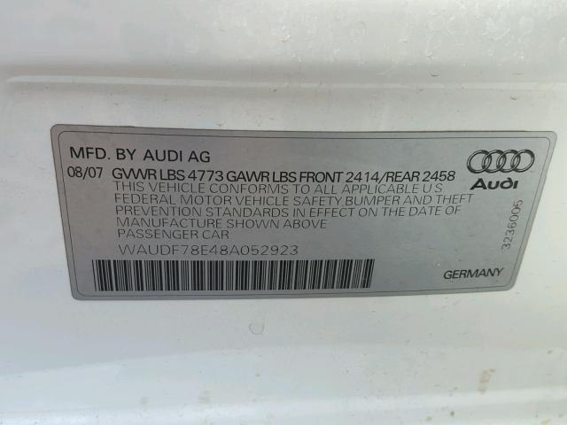 WAUDF78E48A052923 - 2008 AUDI A4 2.0T QU WHITE photo 10