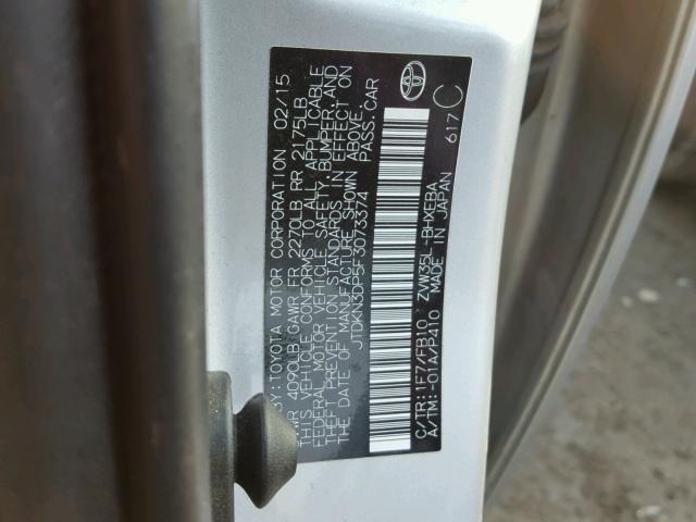 JTDKN3DP5F3073374 - 2015 TOYOTA PRIUS PLUG SILVER photo 10