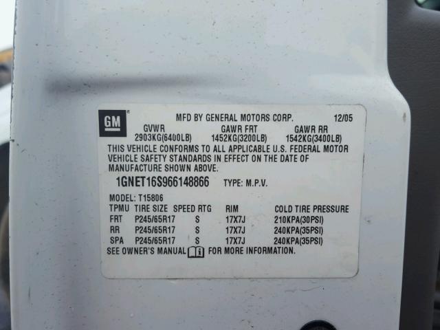 1GNET16S966148866 - 2006 CHEVROLET TRAILBLAZE WHITE photo 10