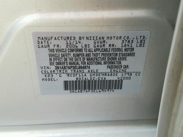 3N1AB7AP3EL694974 - 2014 NISSAN SENTRA S SILVER photo 10