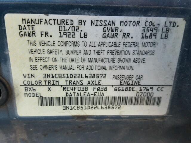 3N1CB51D22L638572 - 2002 NISSAN SENTRA XE GREEN photo 10