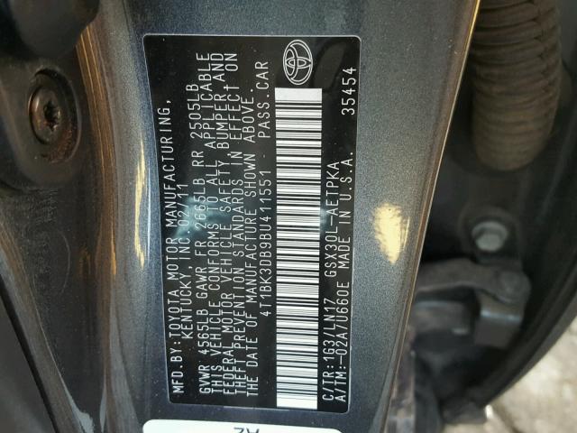 4T1BK3DB9BU411551 - 2011 TOYOTA AVALON BAS GRAY photo 10