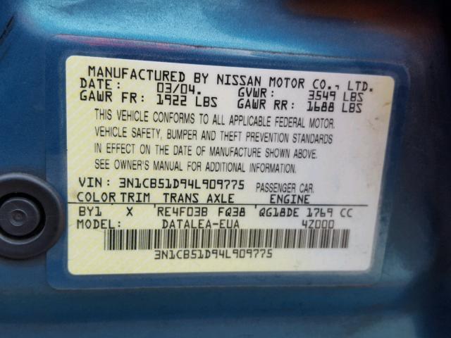 3N1CB51D94L909775 - 2004 NISSAN SENTRA 1.8 BLUE photo 10