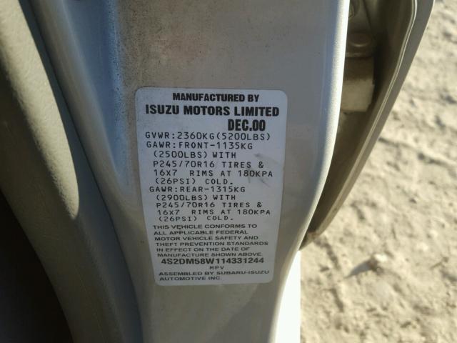 4S2DM58W114331244 - 2001 ISUZU RODEO S SILVER photo 10