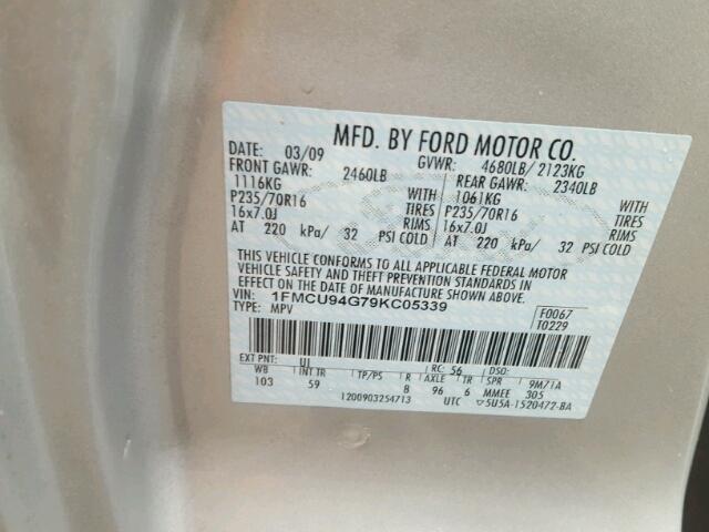 1FMCU94G79KC05339 - 2009 FORD ESCAPE LIM SILVER photo 10