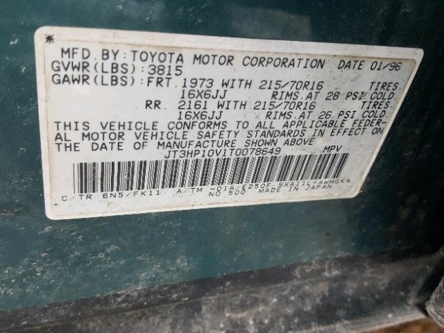 JT3HP10V1T0078649 - 1996 TOYOTA RAV4 GREEN photo 10