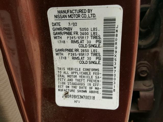 JN80R09X53W700318 - 2003 NISSAN PATHFINDER BROWN photo 10