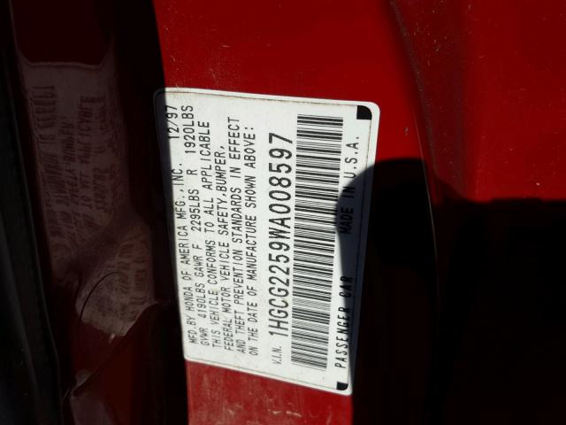 1HGCG2259WA008597 - 1998 HONDA ACCORD EX RED photo 10