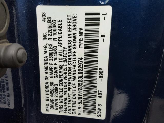 5J6YH28523L022974 - 2003 HONDA ELEMENT EX BLUE photo 10