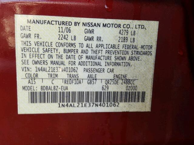 1N4AL21E37N401062 - 2007 NISSAN ALTIMA 2.5 RED photo 10