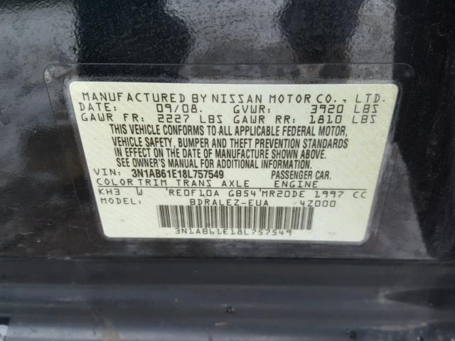 3N1AB61E18L757549 - 2008 NISSAN SENTRA 2.0 BLACK photo 10