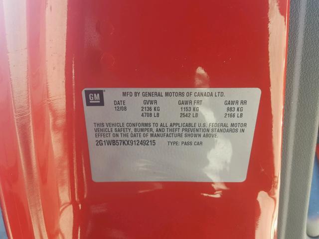 2G1WB57KX91249215 - 2009 CHEVROLET IMPALA LS RED photo 10