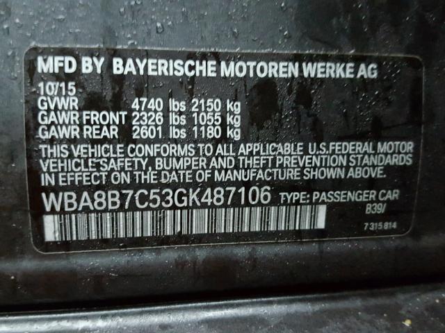 WBA8B7C53GK487106 - 2016 BMW 340 XI GRAY photo 10