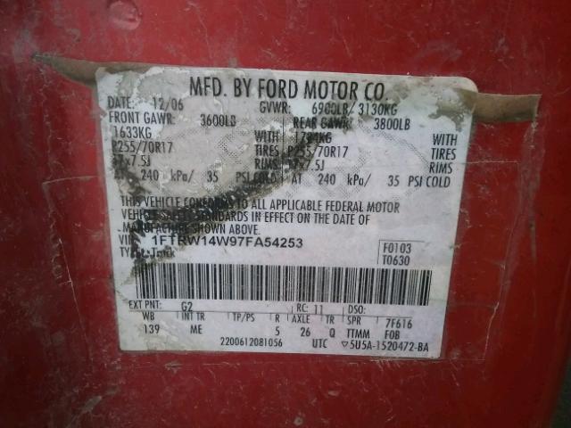 1FTRW14W97FA54253 - 2007 FORD F150 SUPER RED photo 10