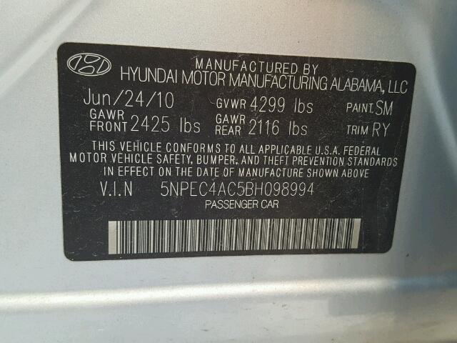 5NPEC4AC5BH098994 - 2011 HYUNDAI SONATA SE SILVER photo 10