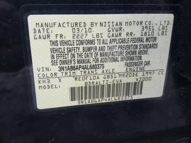 3N1AB6AP4AL680375 - 2010 NISSAN SENTRA 2.0 BLACK photo 10