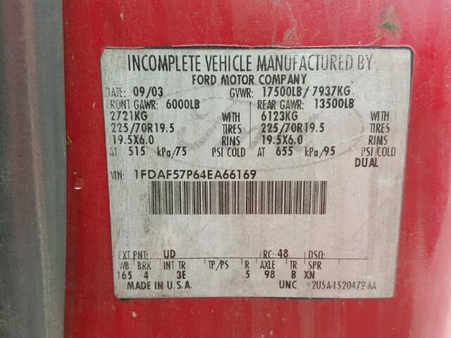 1FDAF57P64EA66169 - 2004 FORD F550 SUPER RED photo 10