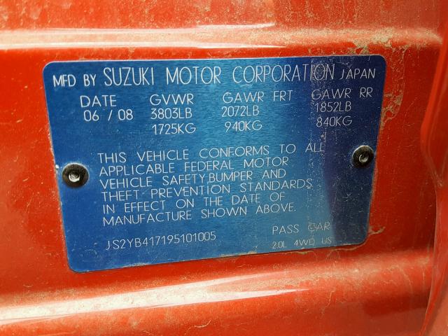 JS2YB417195101005 - 2009 SUZUKI SX4 TOURIN RED photo 10