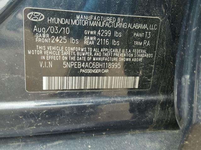 5NPEB4AC6BH118995 - 2011 HYUNDAI SONATA GLS GRAY photo 10