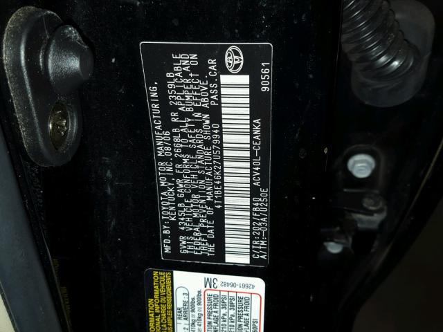 4T1BE46K27U579940 - 2007 TOYOTA CAMRY LE A Қара фото 10