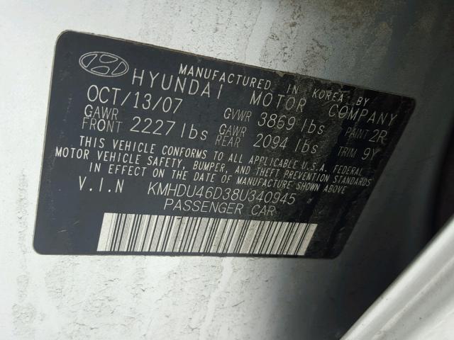 KMHDU46D38U340945 - 2008 HYUNDAI ELANTRA GL SILVER photo 10