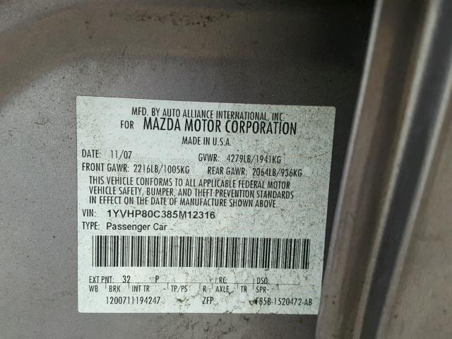 1YVHP80C385M12316 - 2008 MAZDA 6 I ნაცრისფერი ფოტო 10