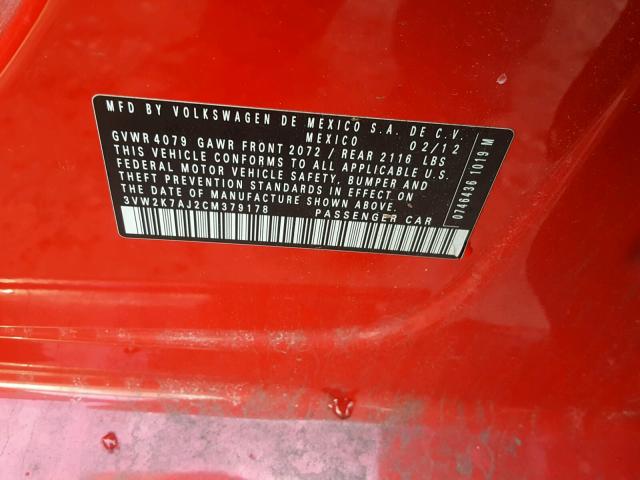3VW2K7AJ2CM379178 - 2012 VOLKSWAGEN JETTA BASE 红色 照片 10