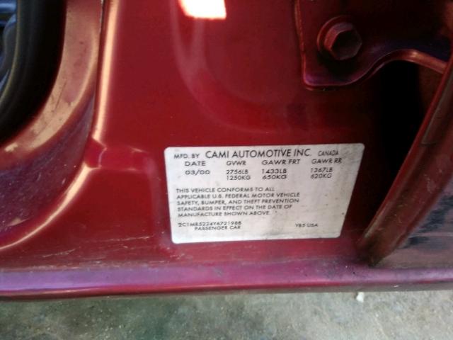 2C1MR5224Y6721988 - 2000 CHEVROLET METRO LSI BURGUNDY photo 10