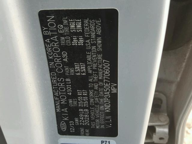 KNDJP3A50E7706007 - 2014 KIA SOUL + SILVER photo 10