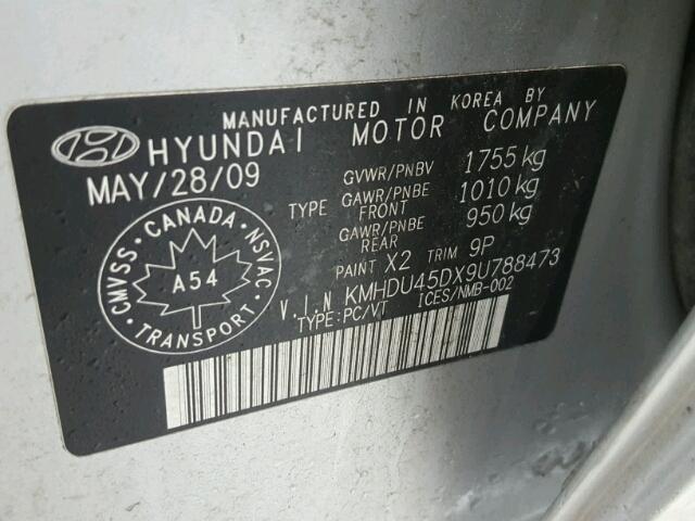 KMHDU45DX9U788473 - 2009 HYUNDAI ELANTRA GL SILVER photo 10