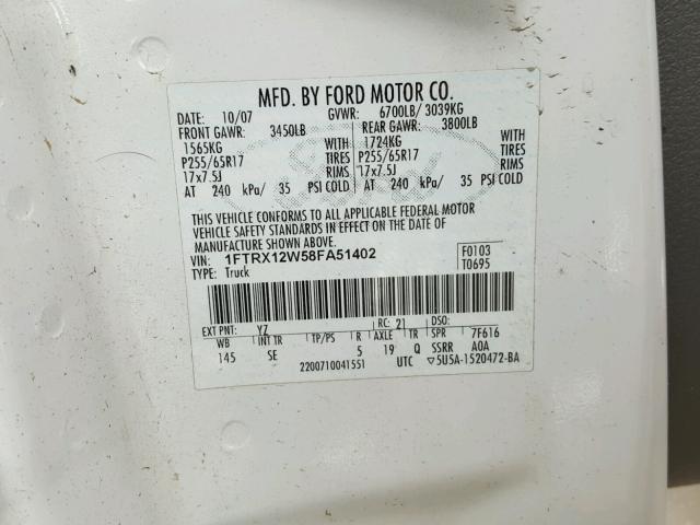 1FTRX12W58FA51402 - 2008 FORD F150 WHITE photo 10