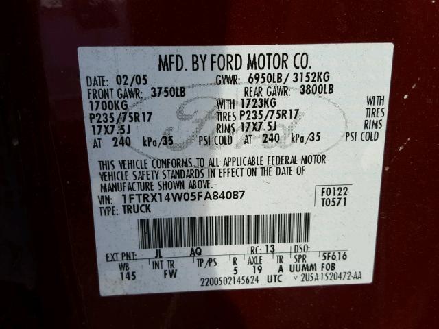 1FTRX14W05FA84087 - 2005 FORD F150 MAROON photo 10